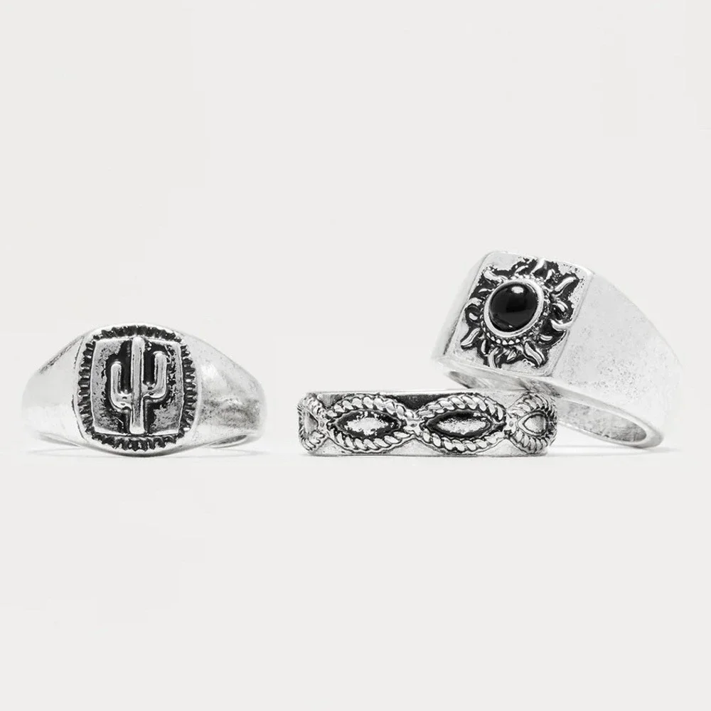 Silver Metal Western Cowboy Ring Set Mens 9 Barbwire Punk Cactus Sun Black Stone